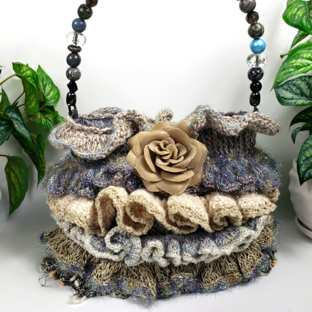 Crochet w/ Layers of Ruffles & Beaded Handle Vintage Grandma Handcrafted